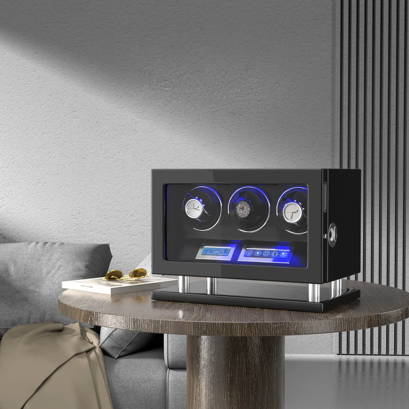 Fingerprint Unlock Watch Winder for 3 Slot Winding Spaces Automatic Watches with LCD Touchscreen Control