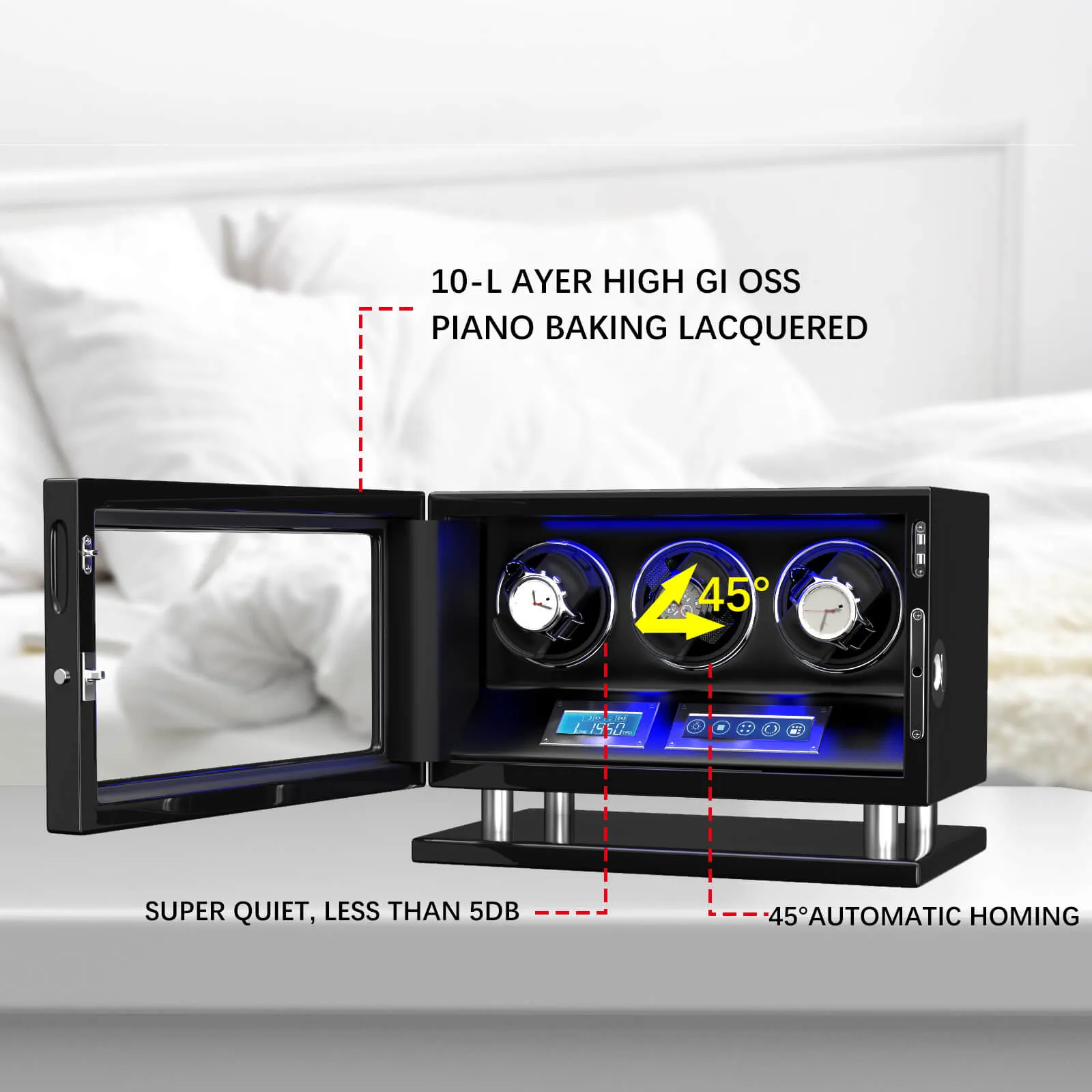 Fingerprint Unlock Watch Winder for 3 Slot Winding Spaces Automatic Watches with LCD Touchscreen Control