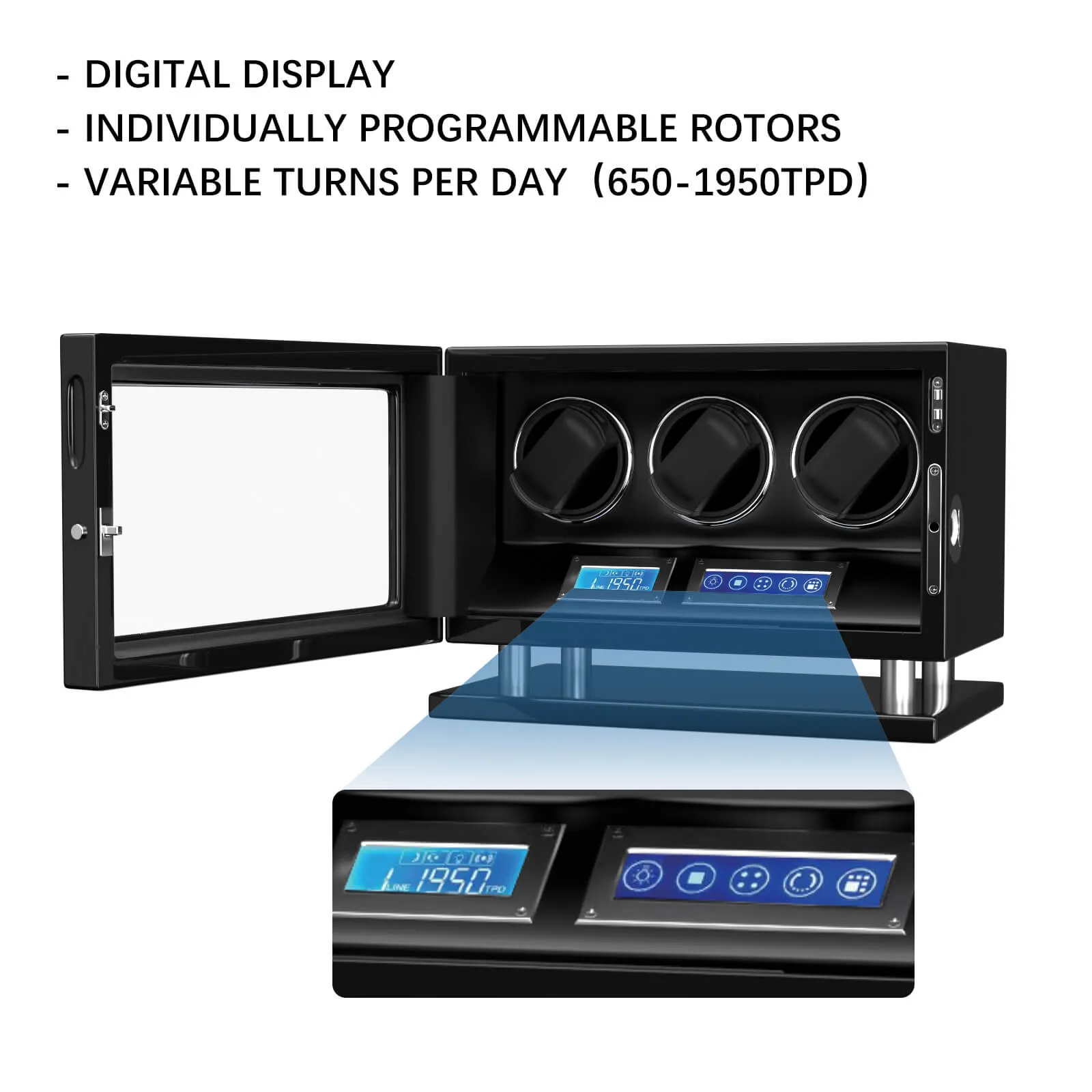 Fingerprint Unlock Watch Winder for 3 Slot Winding Spaces Automatic Watches with LCD Touchscreen Control