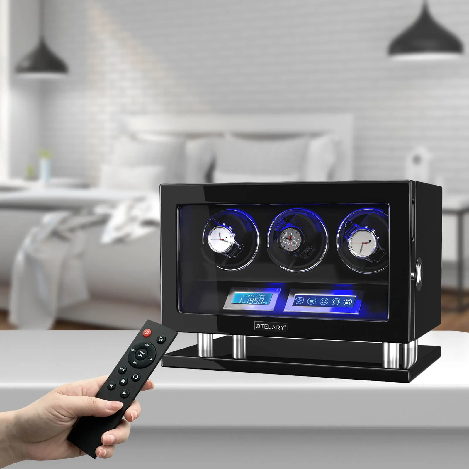 Fingerprint Unlock Watch Winder for 3 Slot Winding Spaces Automatic Watches with LCD Touchscreen Control