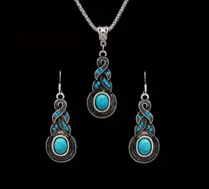 Free Shipping Women Jewellery Vintage  Tibetan Silver CZ Crystal Chain Pendant Necklace Earrings Set  Stone Jewelry sets