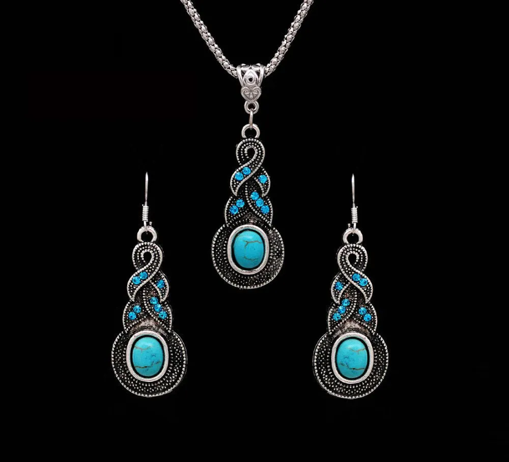 Free Shipping Women Jewellery Vintage  Tibetan Silver CZ Crystal Chain Pendant Necklace Earrings Set  Stone Jewelry sets