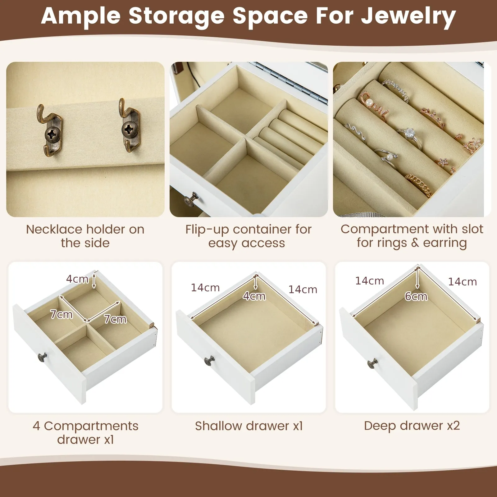 Freestanding Jewelry Armoire Organizer with Flip Up Mirror Side Door-White-White