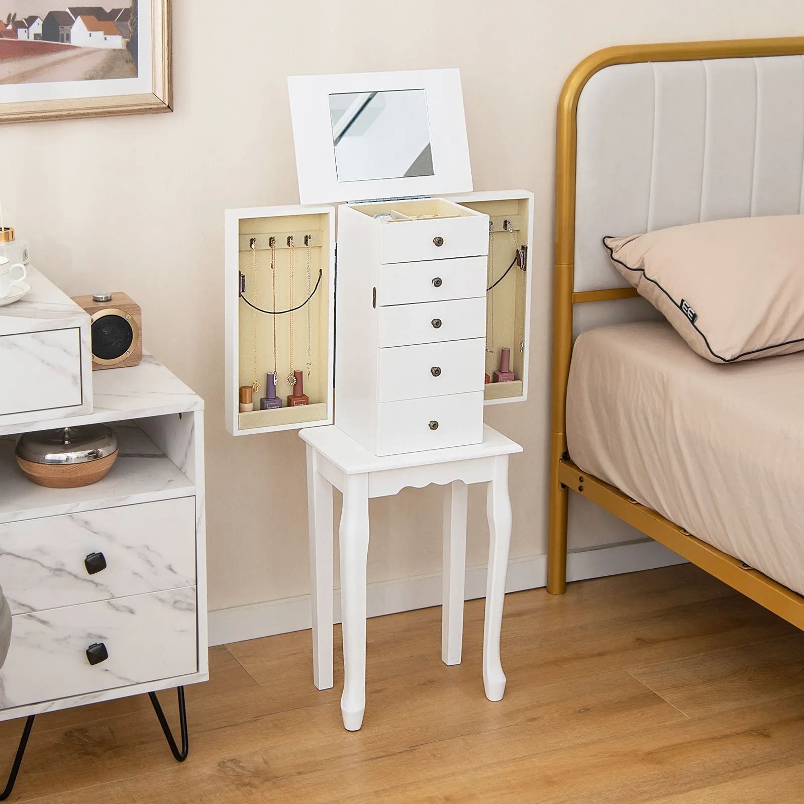 Freestanding Jewelry Armoire Organizer with Flip Up Mirror Side Door-White-White
