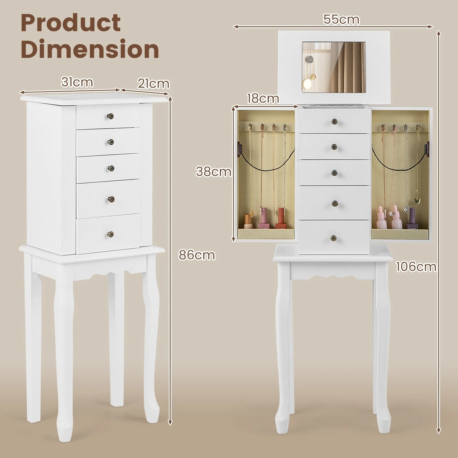 Freestanding Jewelry Armoire Organizer with Flip Up Mirror Side Door-White-White