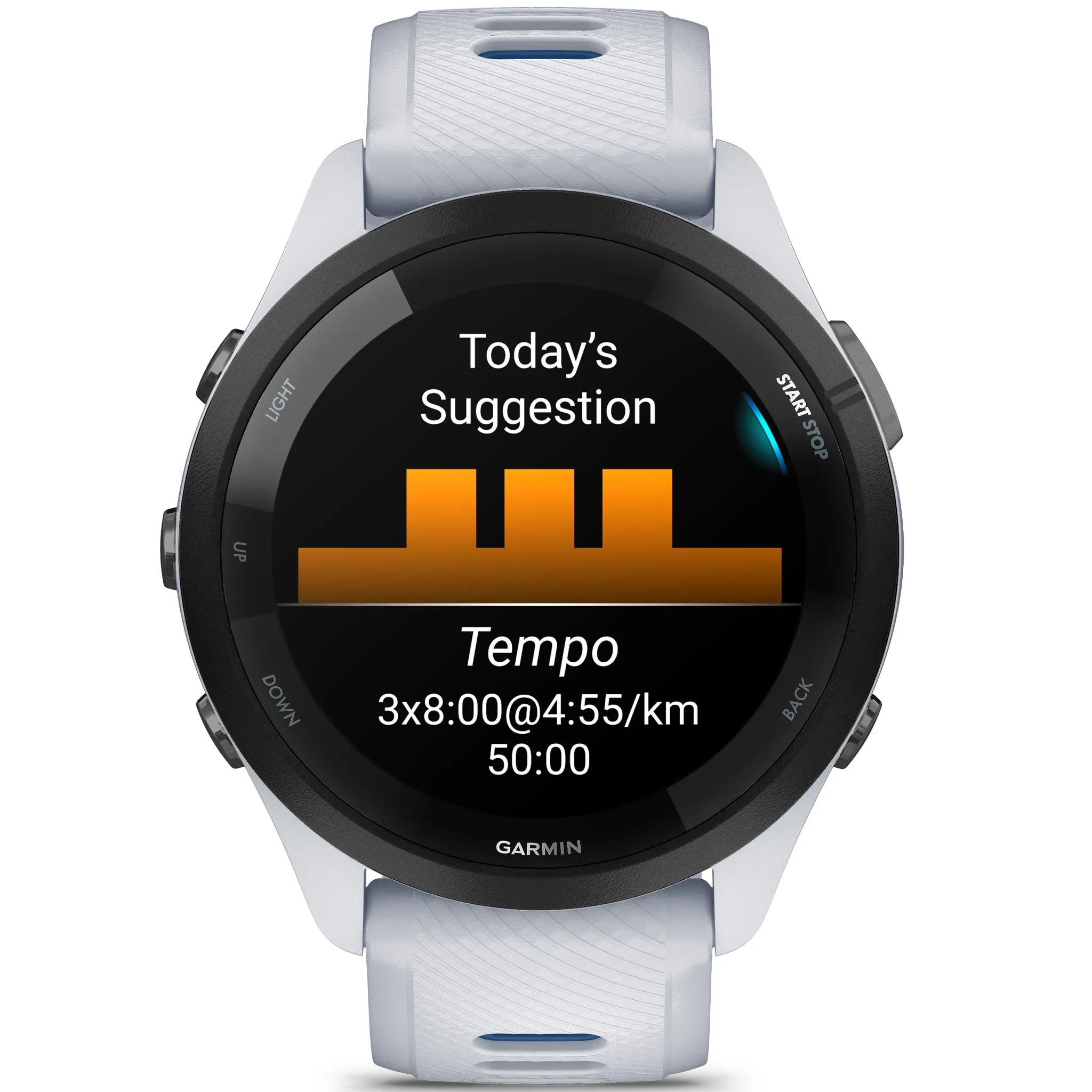 Garmin Forerunner 265 Forerunner Black Bezel with Whitestone Case and Whitestone - Tidal Blue Silicone Band