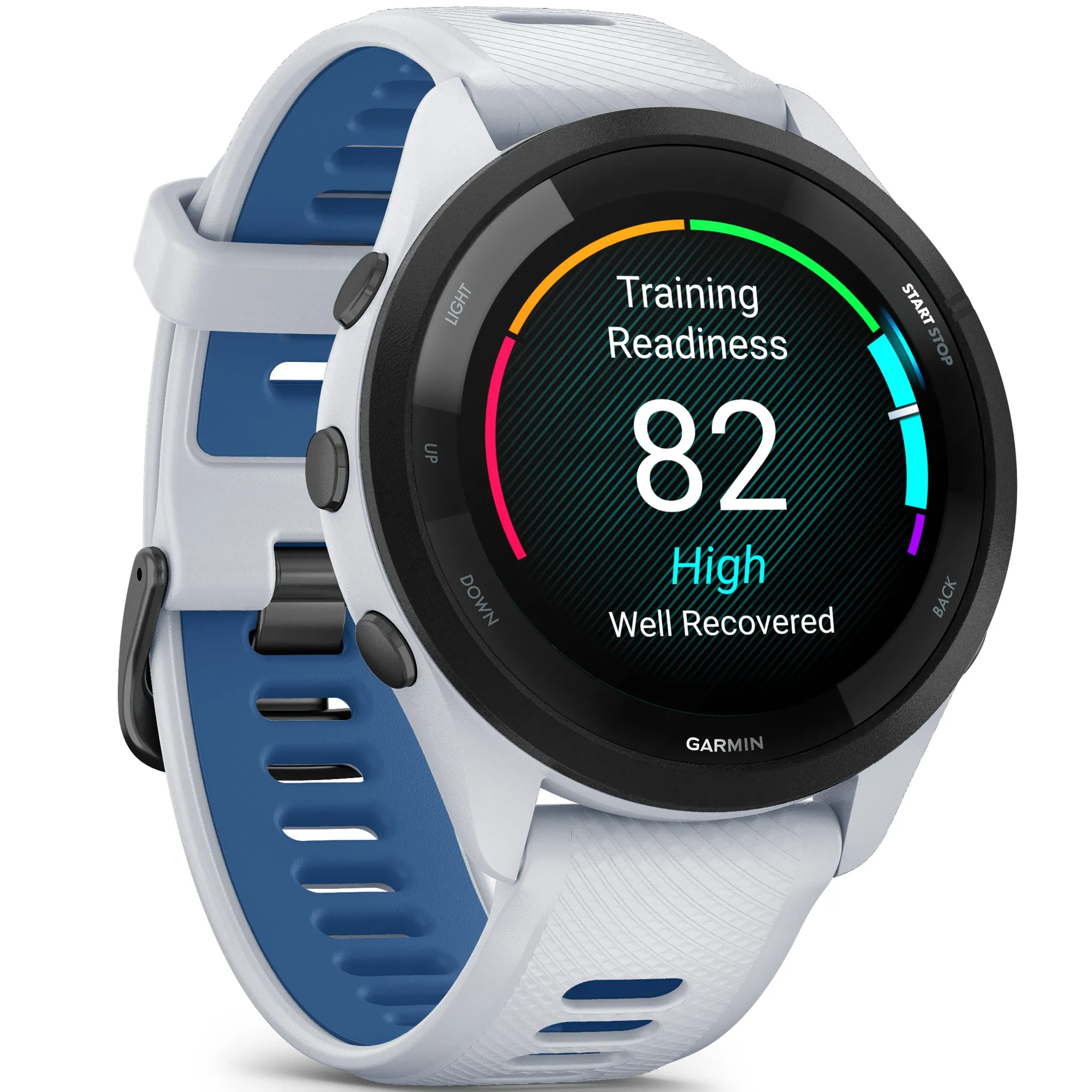 Garmin Forerunner 265 Forerunner Black Bezel with Whitestone Case and Whitestone - Tidal Blue Silicone Band