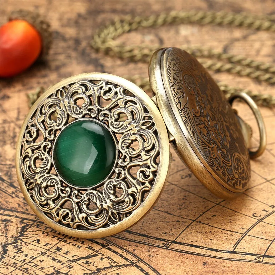 Green Stone Carved Pattern Bronze Quartz Pocket Watch
