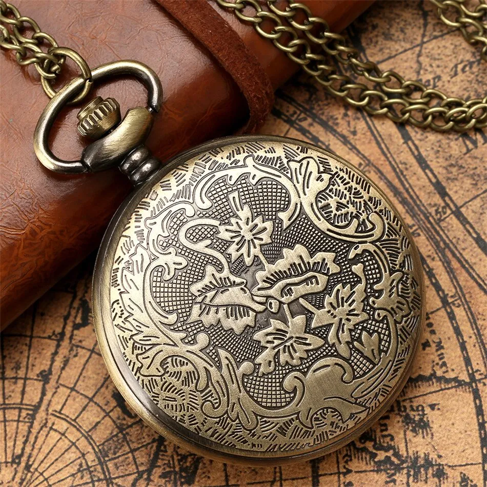 Green Stone Carved Pattern Bronze Quartz Pocket Watch