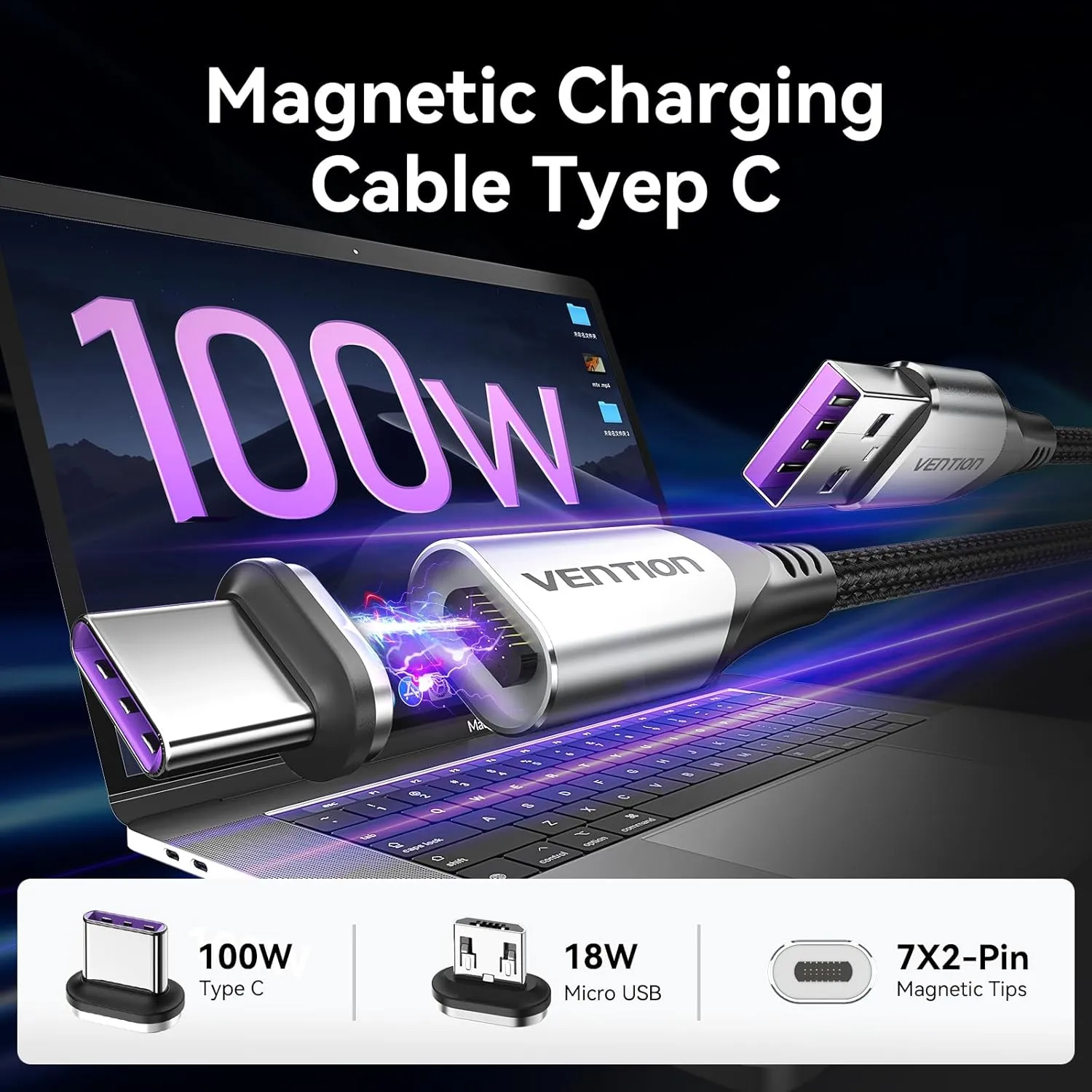 High-Speed 100W Magnetic Charging Cable with USB-C & Micro USB - Fast Data Transfer