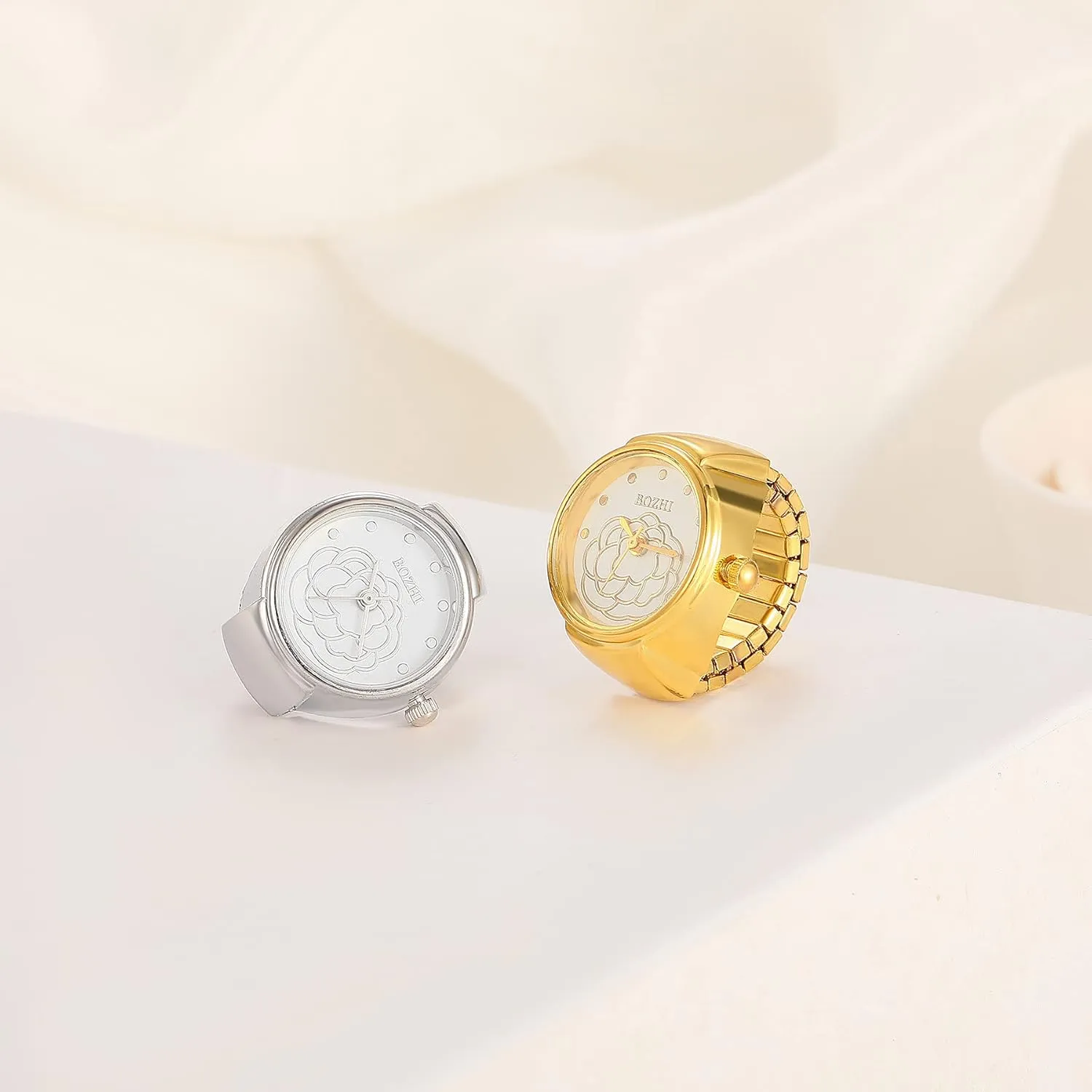 JewelryWe Women Men Finger Watch Round Analog Quartz Ring Watches, Adjustable Size,