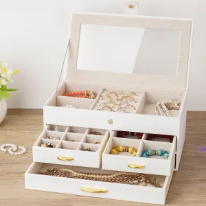 Kadolina Jewelry Box for Women Girls 3 Layers Large Jewelry Organizer with Glass Lid, 3 Drawers Jewelry Storage Case Removable Tray for Earrings Rings Necklace Bracelets Watches (White)