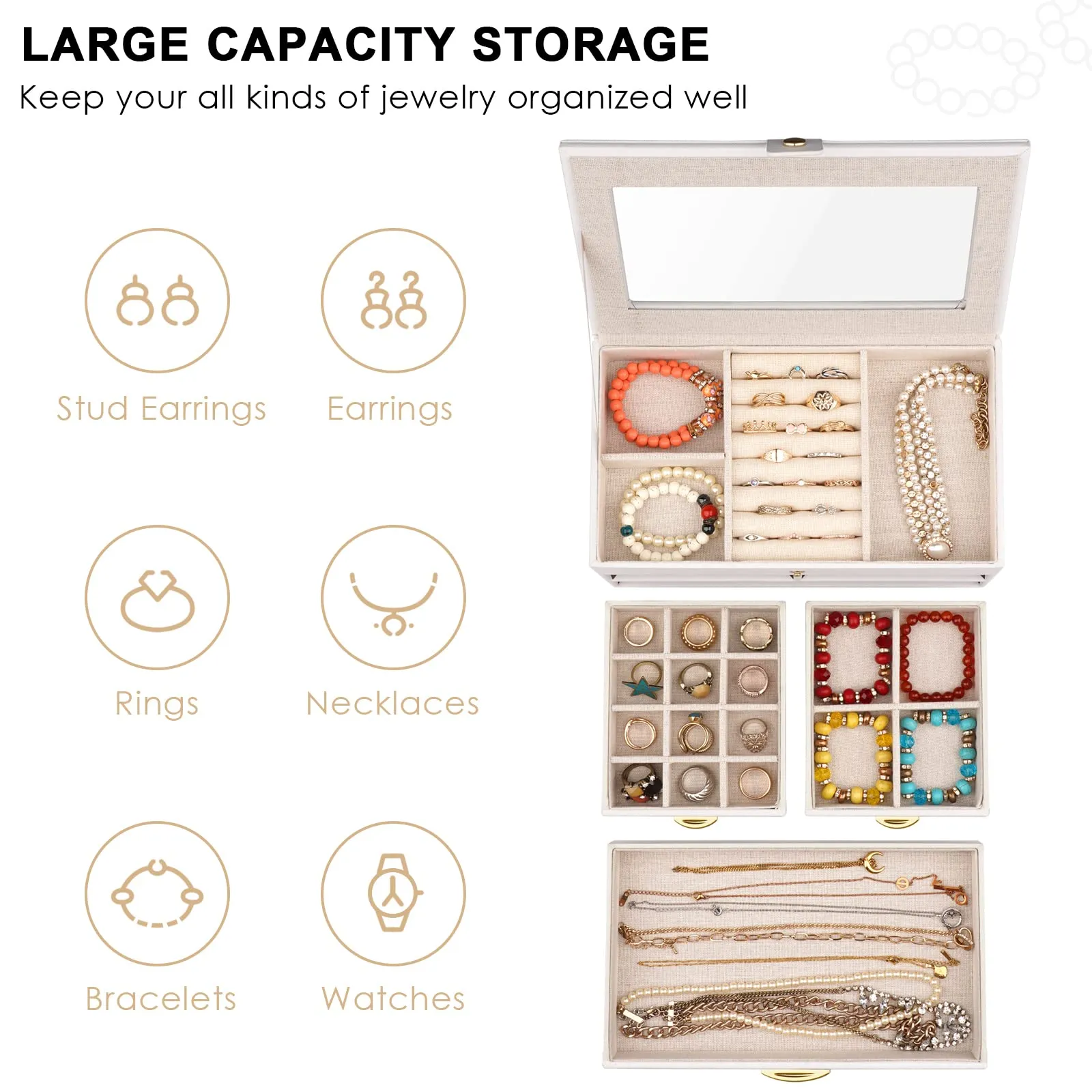 Kadolina Jewelry Box for Women Girls 3 Layers Large Jewelry Organizer with Glass Lid, 3 Drawers Jewelry Storage Case Removable Tray for Earrings Rings Necklace Bracelets Watches (White)