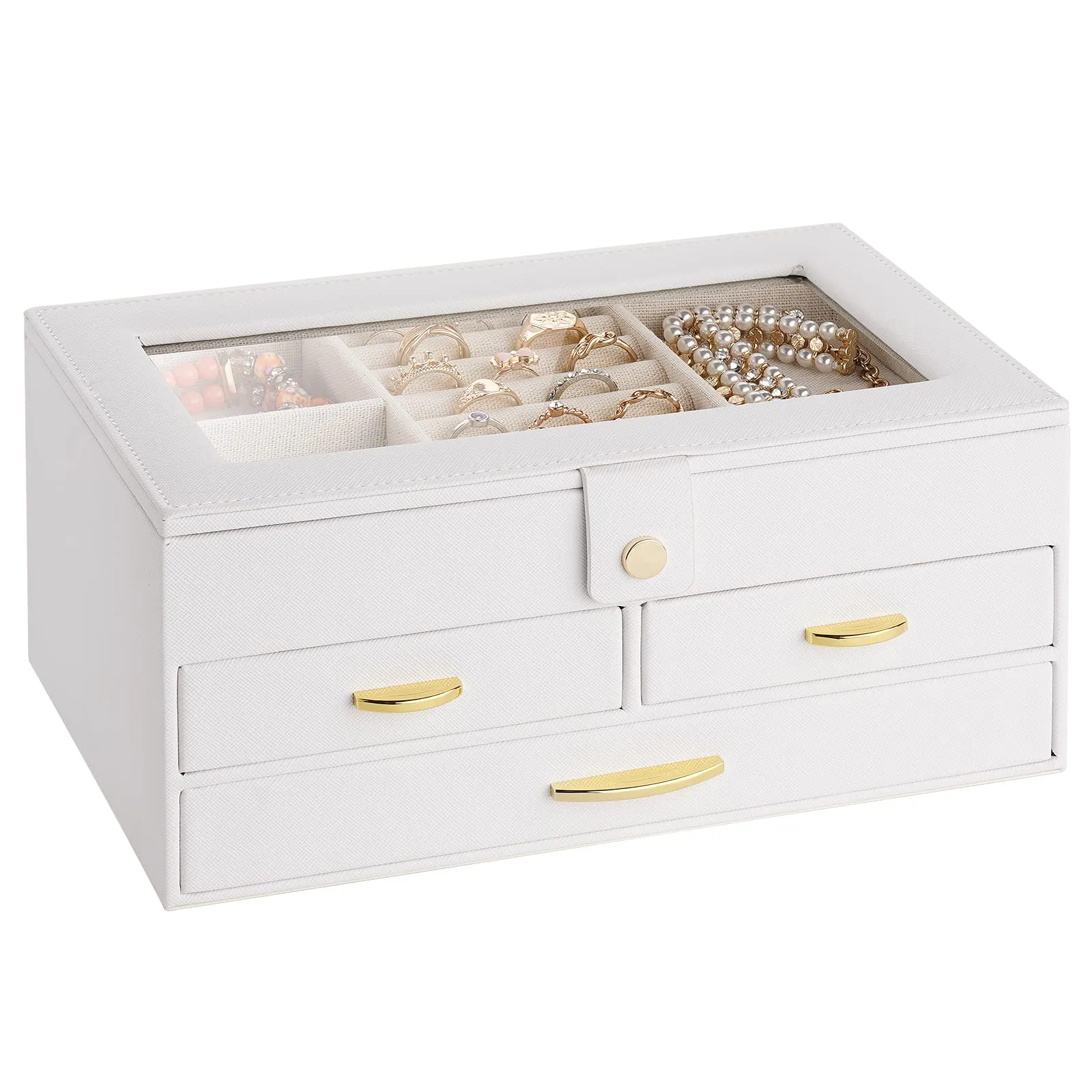 Kadolina Jewelry Box for Women Girls 3 Layers Large Jewelry Organizer with Glass Lid, 3 Drawers Jewelry Storage Case Removable Tray for Earrings Rings Necklace Bracelets Watches (White)