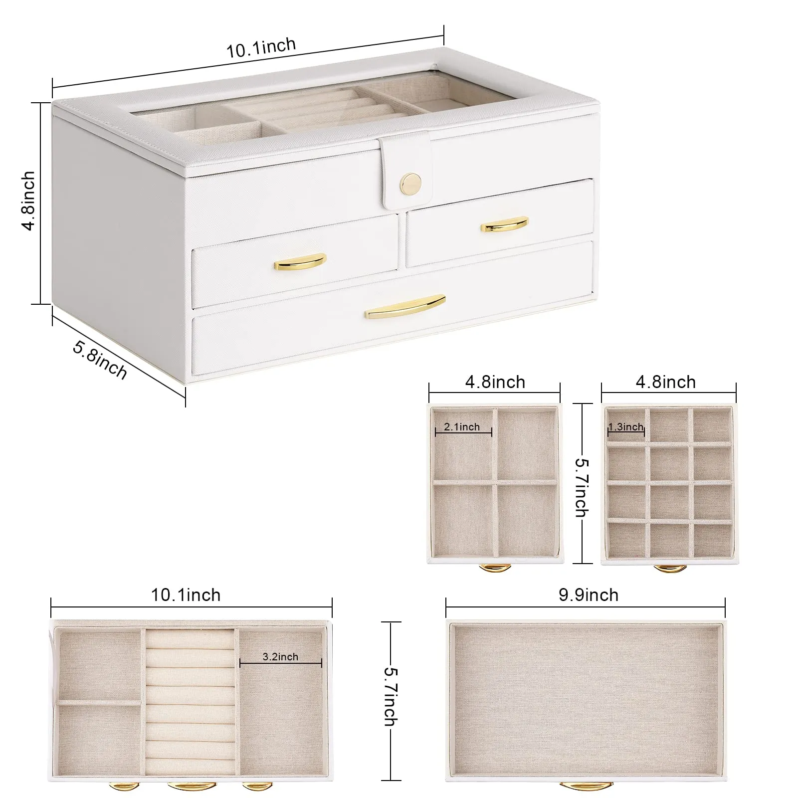 Kadolina Jewelry Box for Women Girls 3 Layers Large Jewelry Organizer with Glass Lid, 3 Drawers Jewelry Storage Case Removable Tray for Earrings Rings Necklace Bracelets Watches (White)