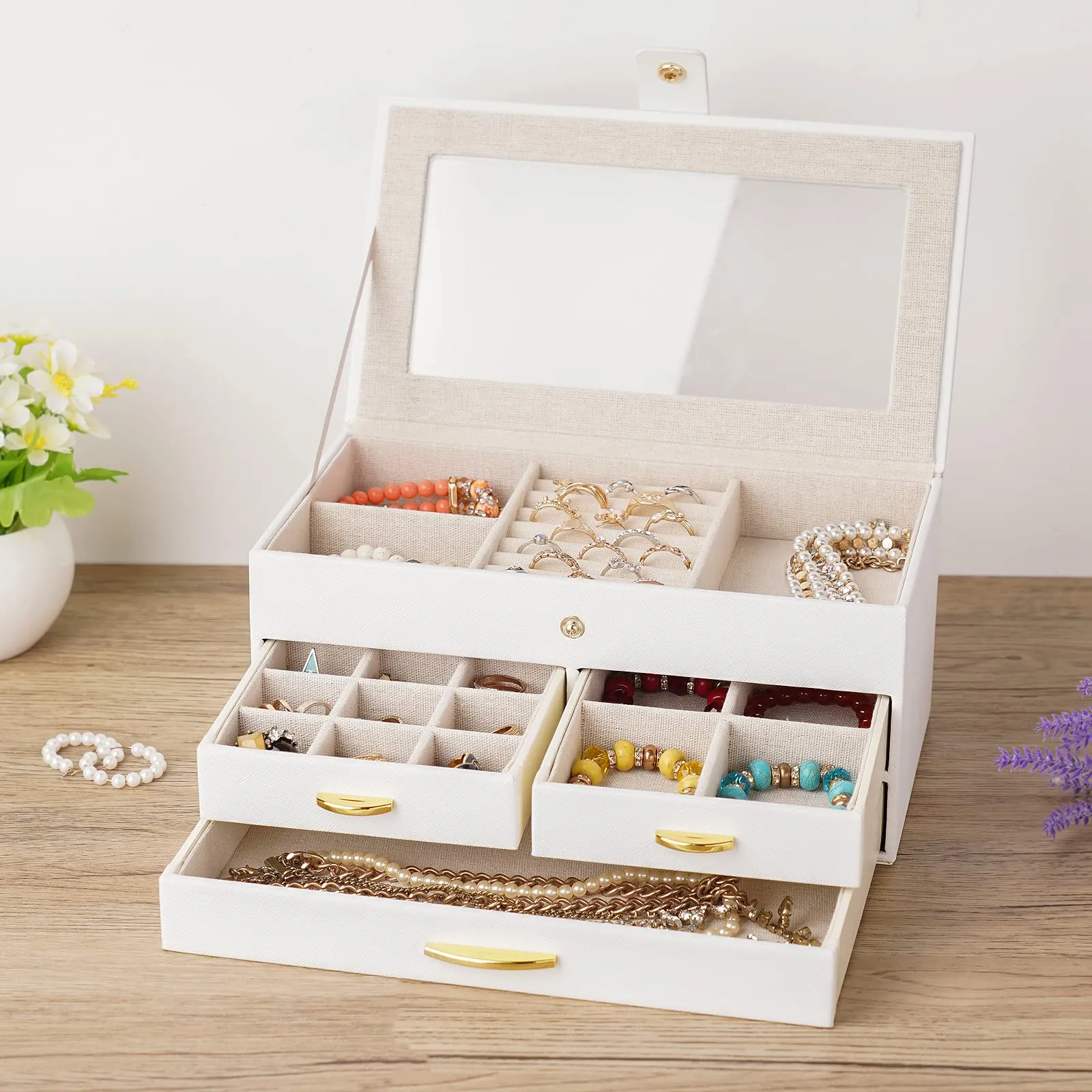 Kadolina Jewelry Box for Women Girls 3 Layers Large Jewelry Organizer with Glass Lid, 3 Drawers Jewelry Storage Case Removable Tray for Earrings Rings Necklace Bracelets Watches (White)