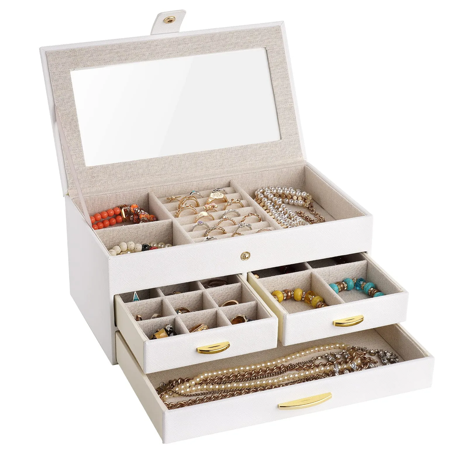 Kadolina Jewelry Box for Women Girls 3 Layers Large Jewelry Organizer with Glass Lid, 3 Drawers Jewelry Storage Case Removable Tray for Earrings Rings Necklace Bracelets Watches (White)