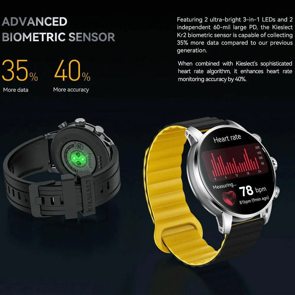 kieslect Kr2 Smart Watch Stainless Steel Case With Black x Yellow Strap & Extra Black Strap