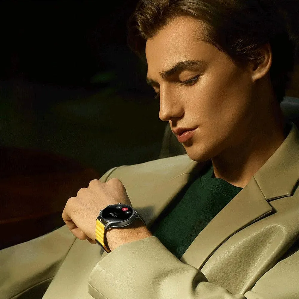 kieslect Kr2 Smart Watch Stainless Steel Case With Black x Yellow Strap & Extra Black Strap