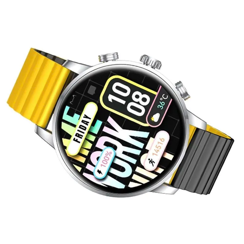 kieslect Kr2 Smart Watch Stainless Steel Case With Black x Yellow Strap & Extra Black Strap