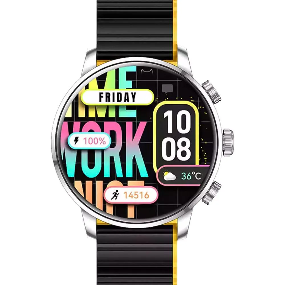 kieslect Kr2 Smart Watch Stainless Steel Case With Black x Yellow Strap & Extra Black Strap