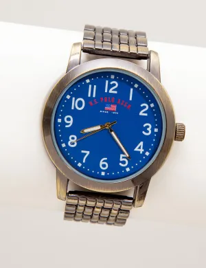 MEN'S ANTIQUE BRASS PLATED WATCH WITH BLUE DIAL