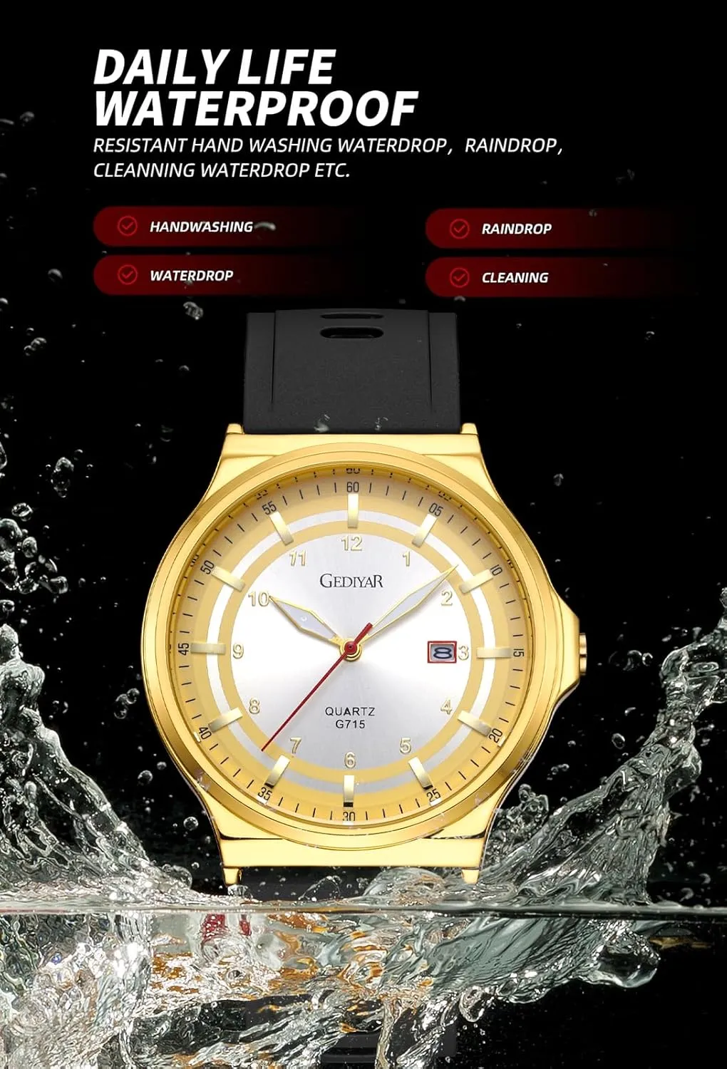 Men's Silicone Analog Quartz Watch, Easy Read Fashion Business Dress Casual Sport, Waterproof, Date Calendar, Wrist Watch for Men