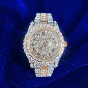 Moissanite Presidential Watch | 41MM | Roman Numeral Dial | 18.3CT Iced Out | 14K Rose Gold