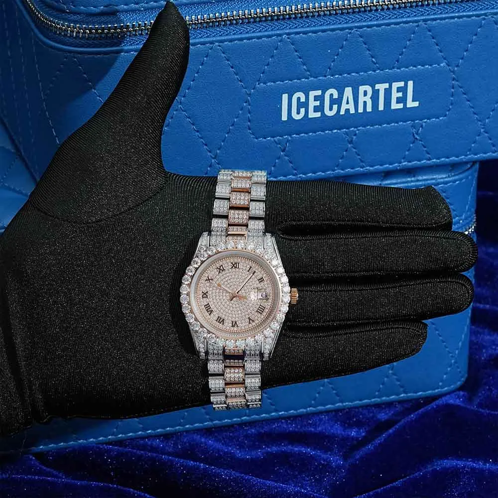 Moissanite Presidential Watch | 41MM | Roman Numeral Dial | 18.3CT Iced Out | 14K Rose Gold