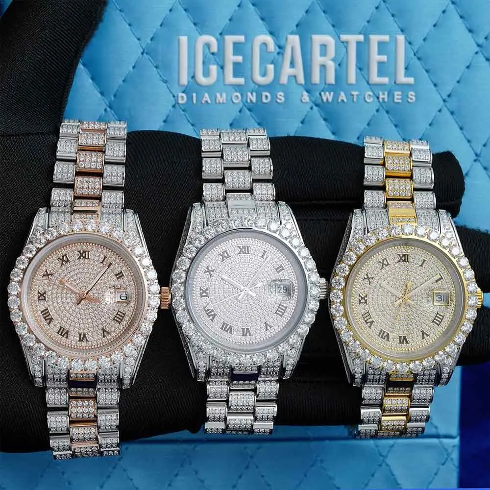 Moissanite Presidential Watch | 41MM | Roman Numeral Dial | 18.3CT Iced Out | 14K White Gold
