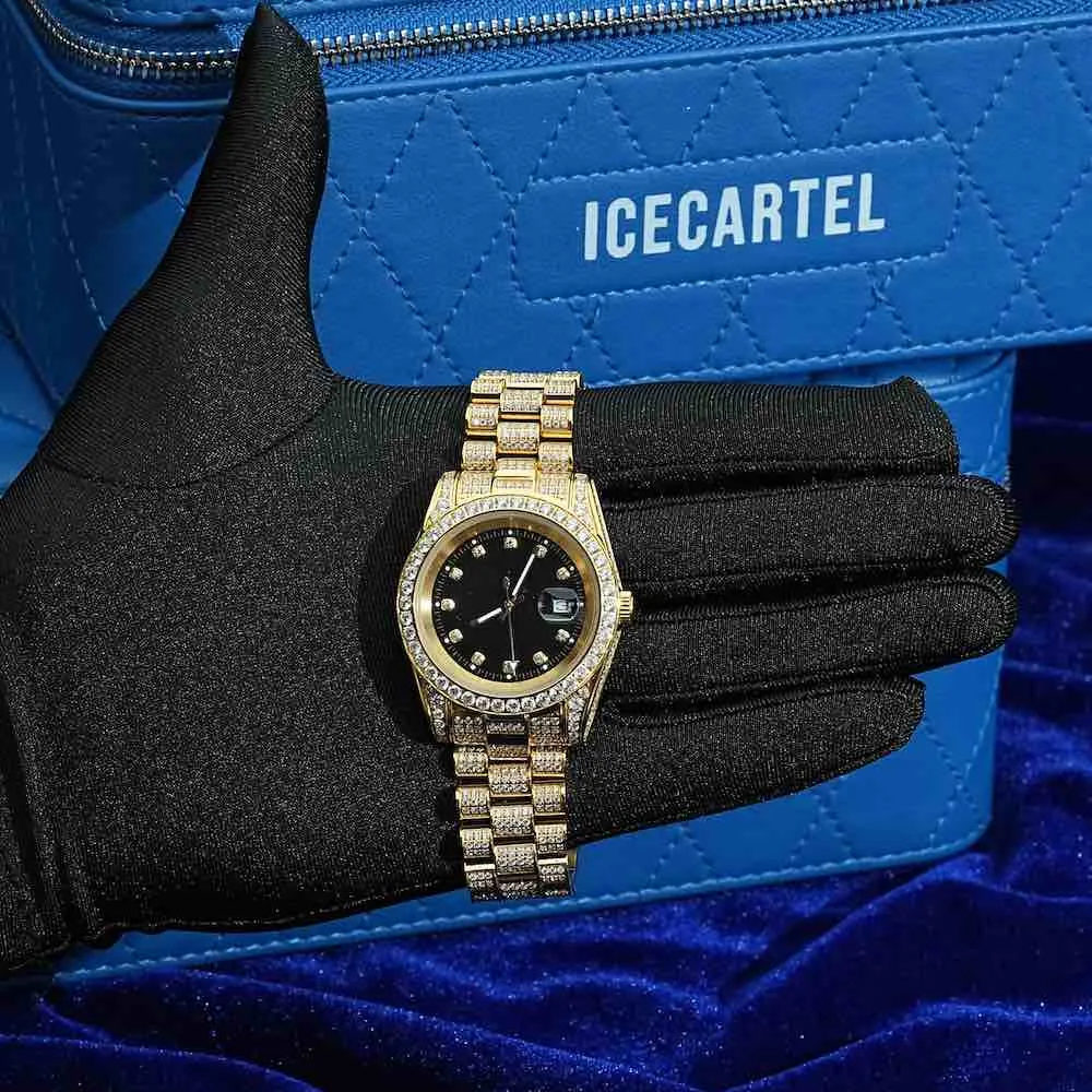 Moissanite Presidential Watch | Black Face | 41MM | 13.3CT Iced Out | 14K Yellow Gold