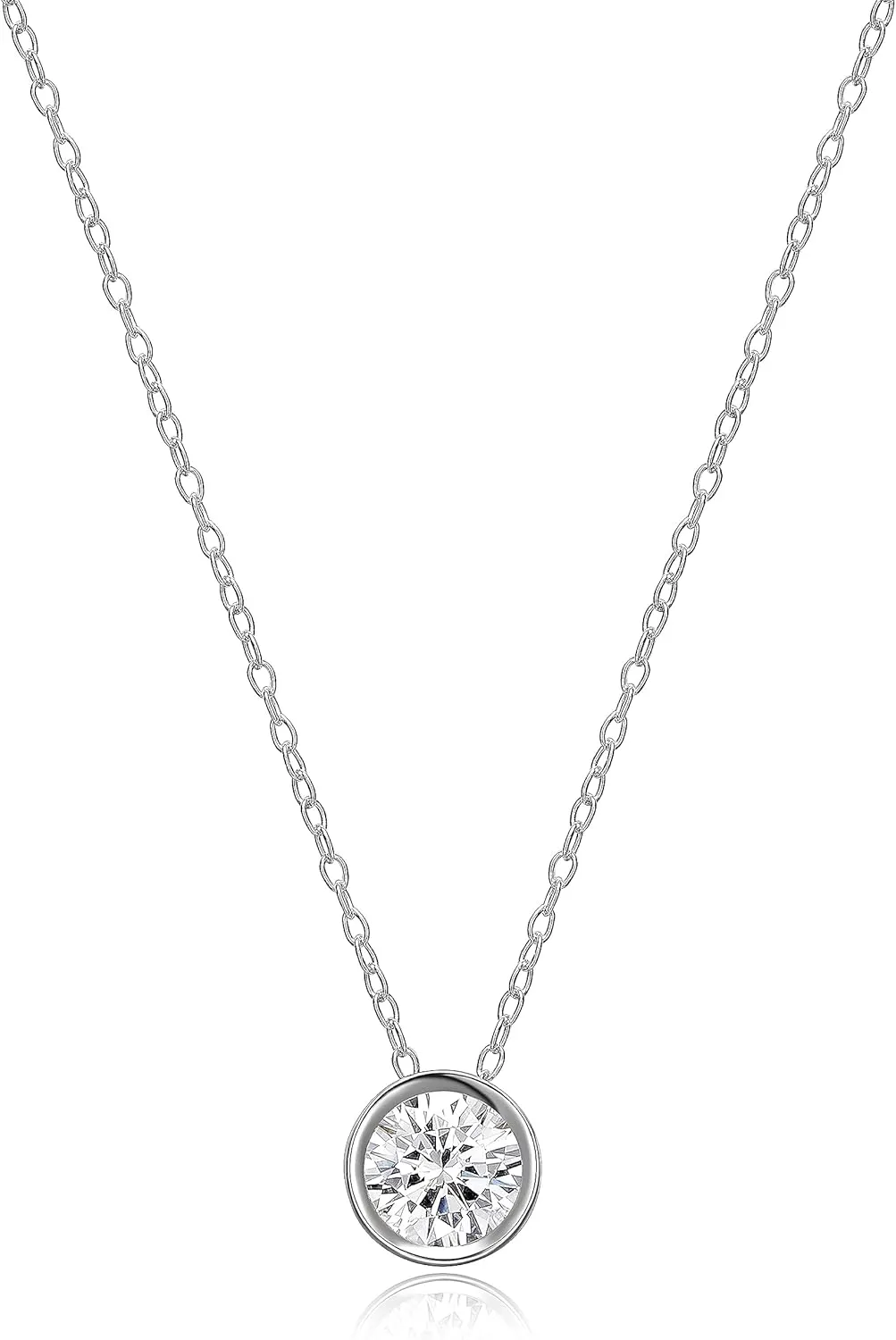 MORGAN & PAIGE .925 Sterling Silver Platinum Plated Solitaire 1/4" Round Cubic Zirconia Necklace - Elegant Crystal Bezel Set Dainty Sterling Silver Necklace for Women, Hypoallergenic 18in Cable Chain