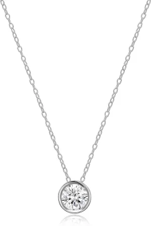 MORGAN & PAIGE .925 Sterling Silver Platinum Plated Solitaire 1/4" Round Cubic Zirconia Necklace - Elegant Crystal Bezel Set Dainty Sterling Silver Necklace for Women, Hypoallergenic 18in Cable Chain