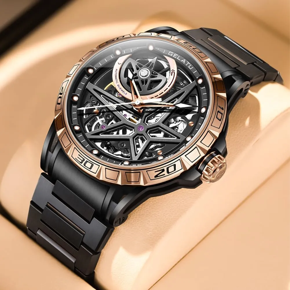 OLEVS Men Watches Automatic Mechanical Skeleton Luxury Big Face Waterproof 50M Luminous Watches for Men Gift Rose Gold Black Silver