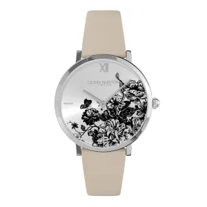 Olivia Burton Signature 35mm Floral Blooms Ultra Slim Silver & Antique Pearl Leather Strap Watch