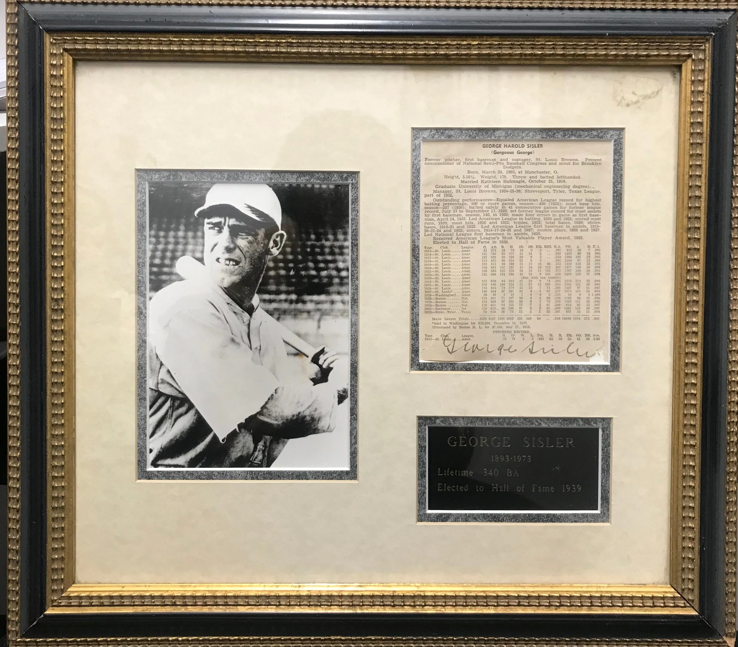 "Gorgeous George" Sisler Autographed Stats Card with Photo 1940 - $5K APR w/CoA