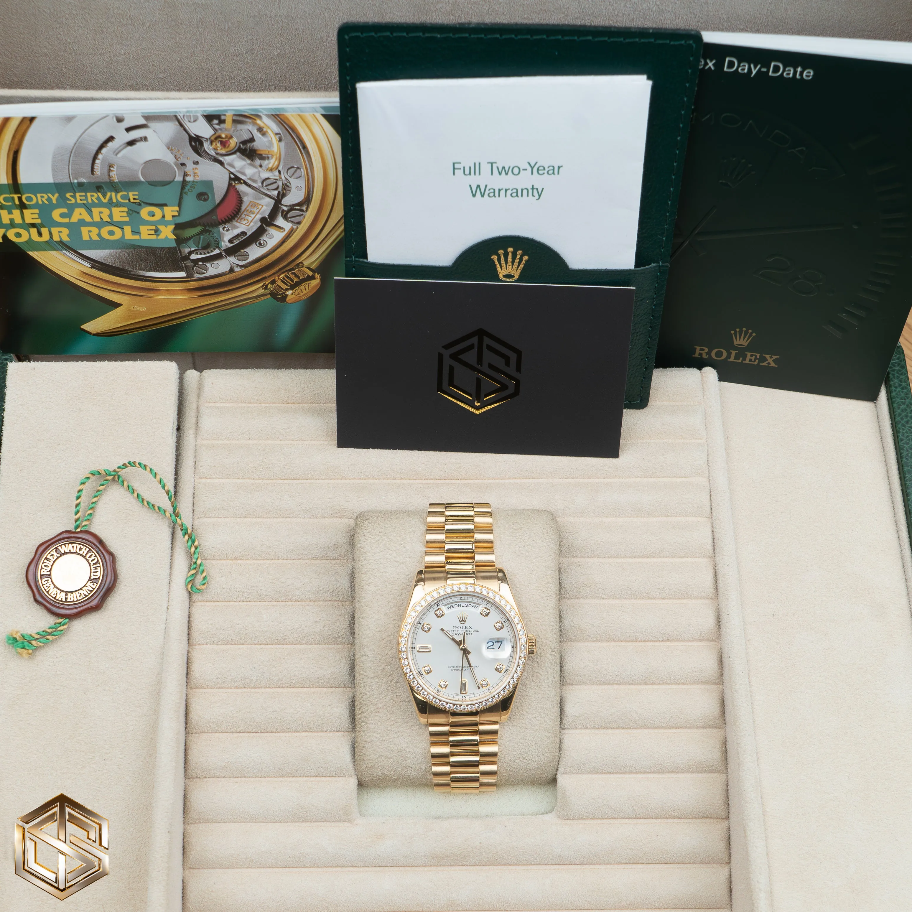 Rolex 118348 Day-Date 36 Yellow Gold Factory Diamond Dial & Bezel 2004 Serviced 2019 Full Set Watch
