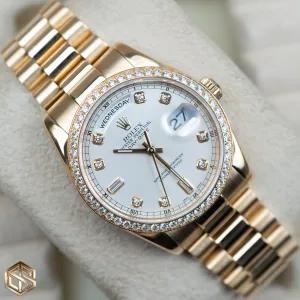 Rolex 118348 Day-Date 36 Yellow Gold Factory Diamond Dial & Bezel 2004 Serviced 2019 Full Set Watch