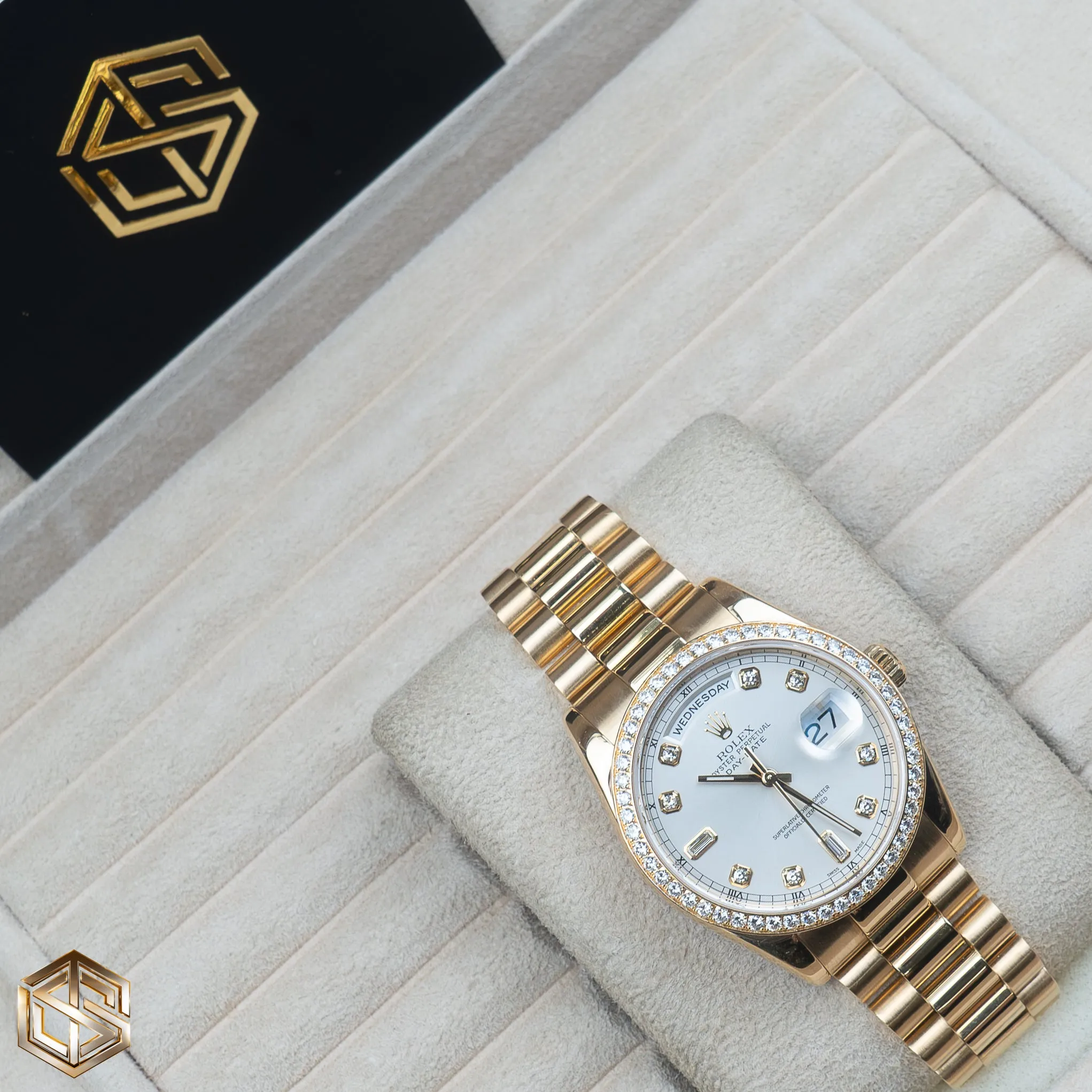 Rolex 118348 Day-Date 36 Yellow Gold Factory Diamond Dial & Bezel 2004 Serviced 2019 Full Set Watch