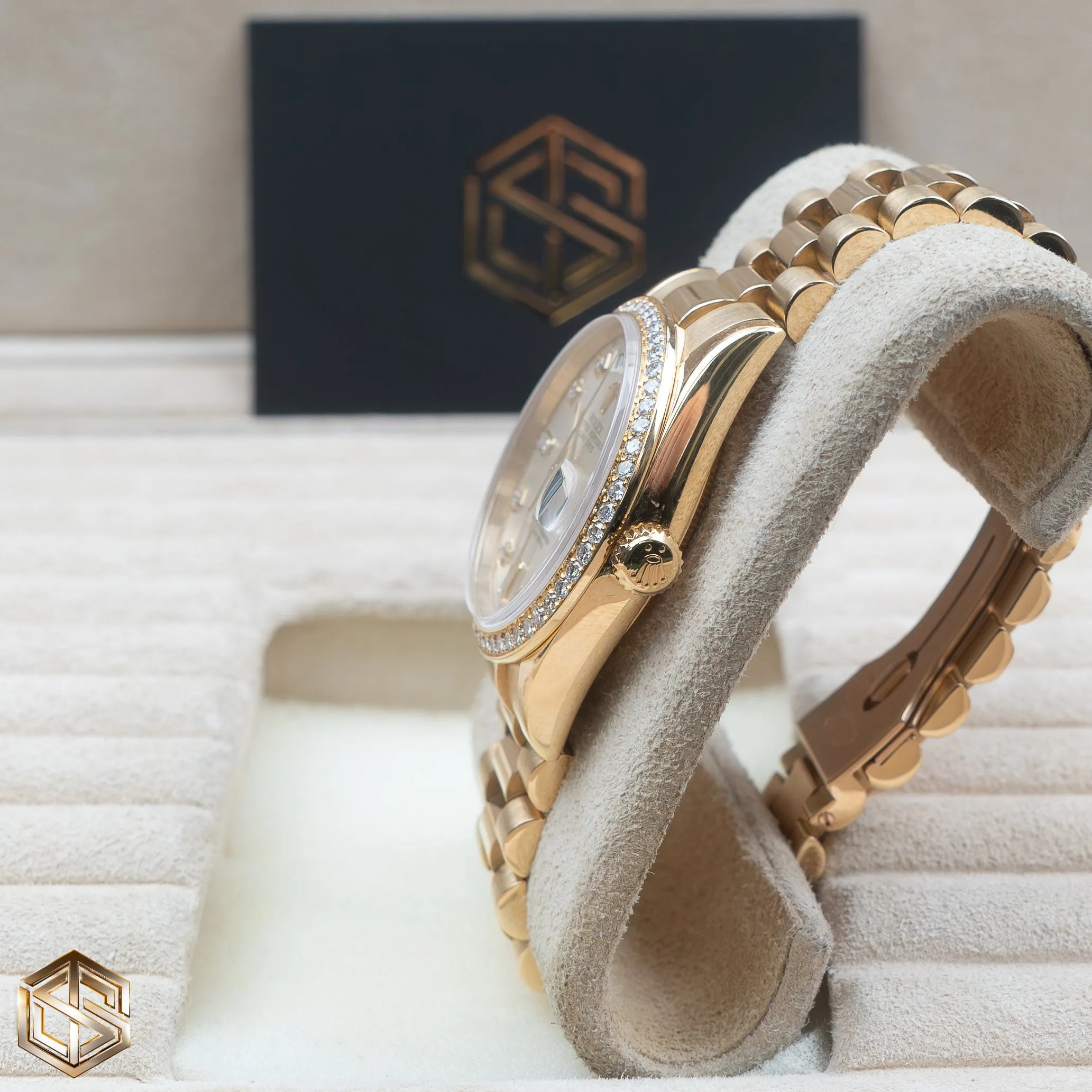 Rolex 118348 Day-Date 36 Yellow Gold Factory Diamond Dial & Bezel 2004 Serviced 2019 Full Set Watch