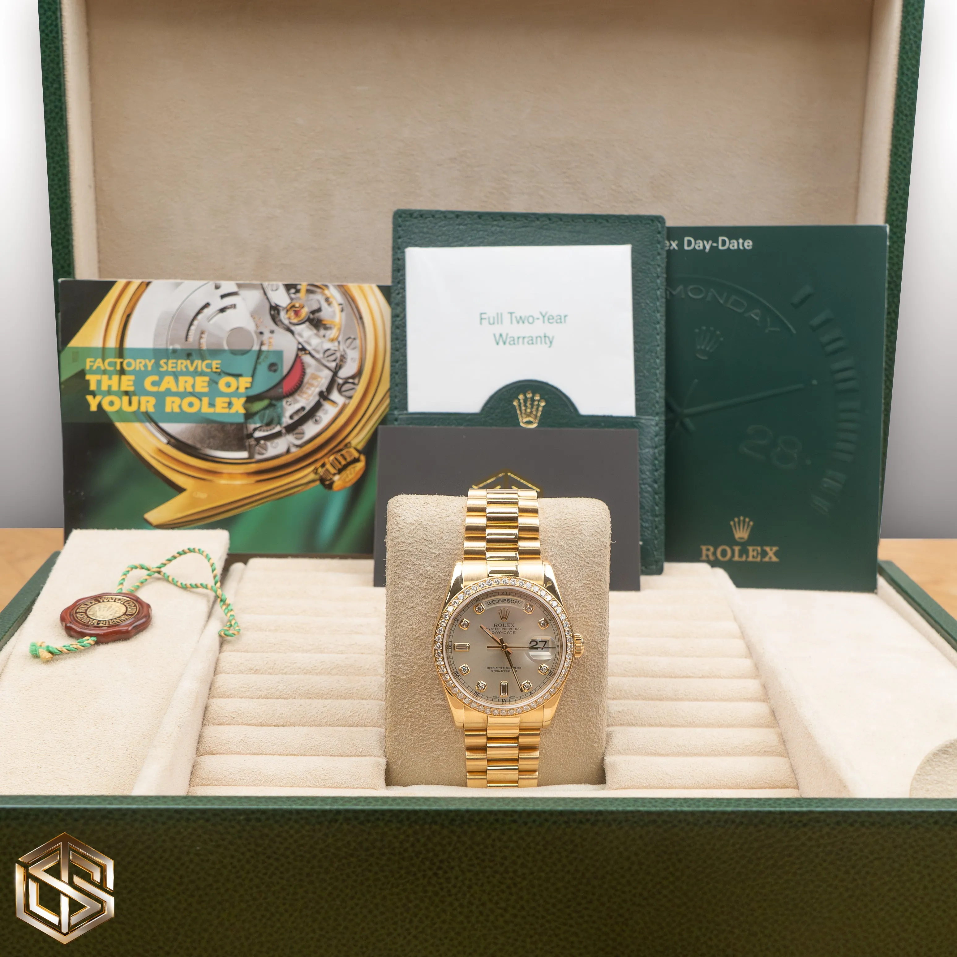 Rolex 118348 Day-Date 36 Yellow Gold Factory Diamond Dial & Bezel 2004 Serviced 2019 Full Set Watch