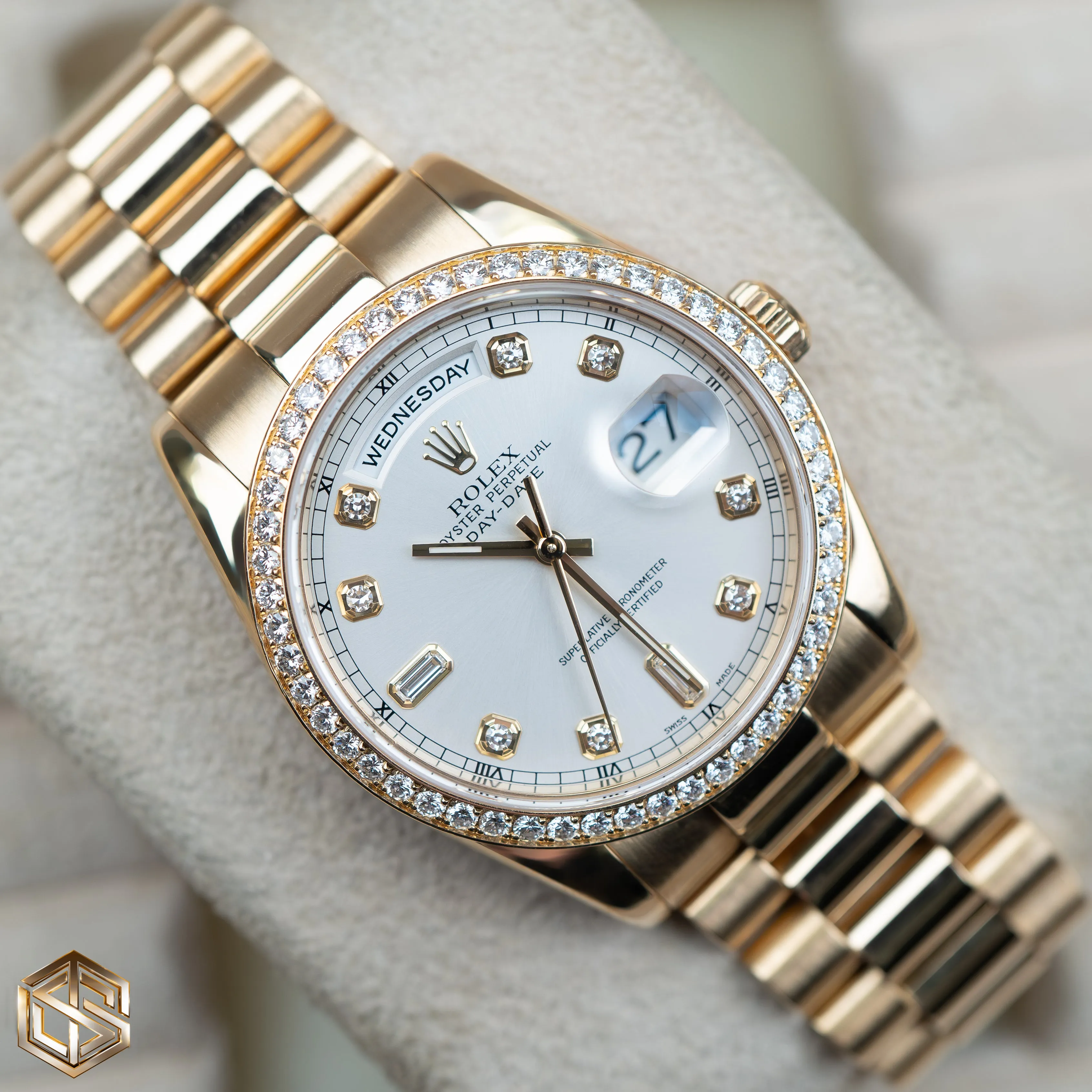 Rolex 118348 Day-Date 36 Yellow Gold Factory Diamond Dial & Bezel 2004 Serviced 2019 Full Set Watch