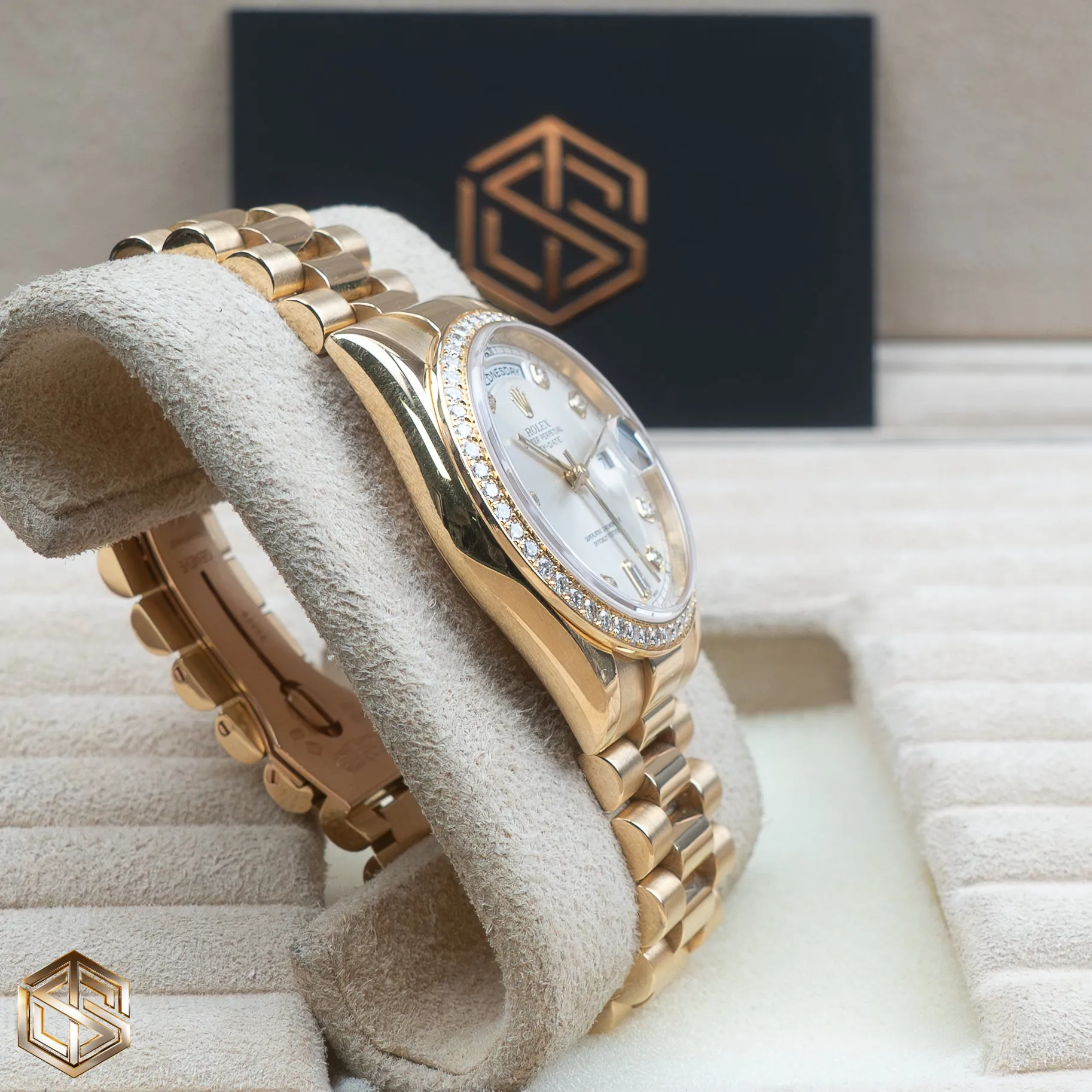 Rolex 118348 Day-Date 36 Yellow Gold Factory Diamond Dial & Bezel 2004 Serviced 2019 Full Set Watch