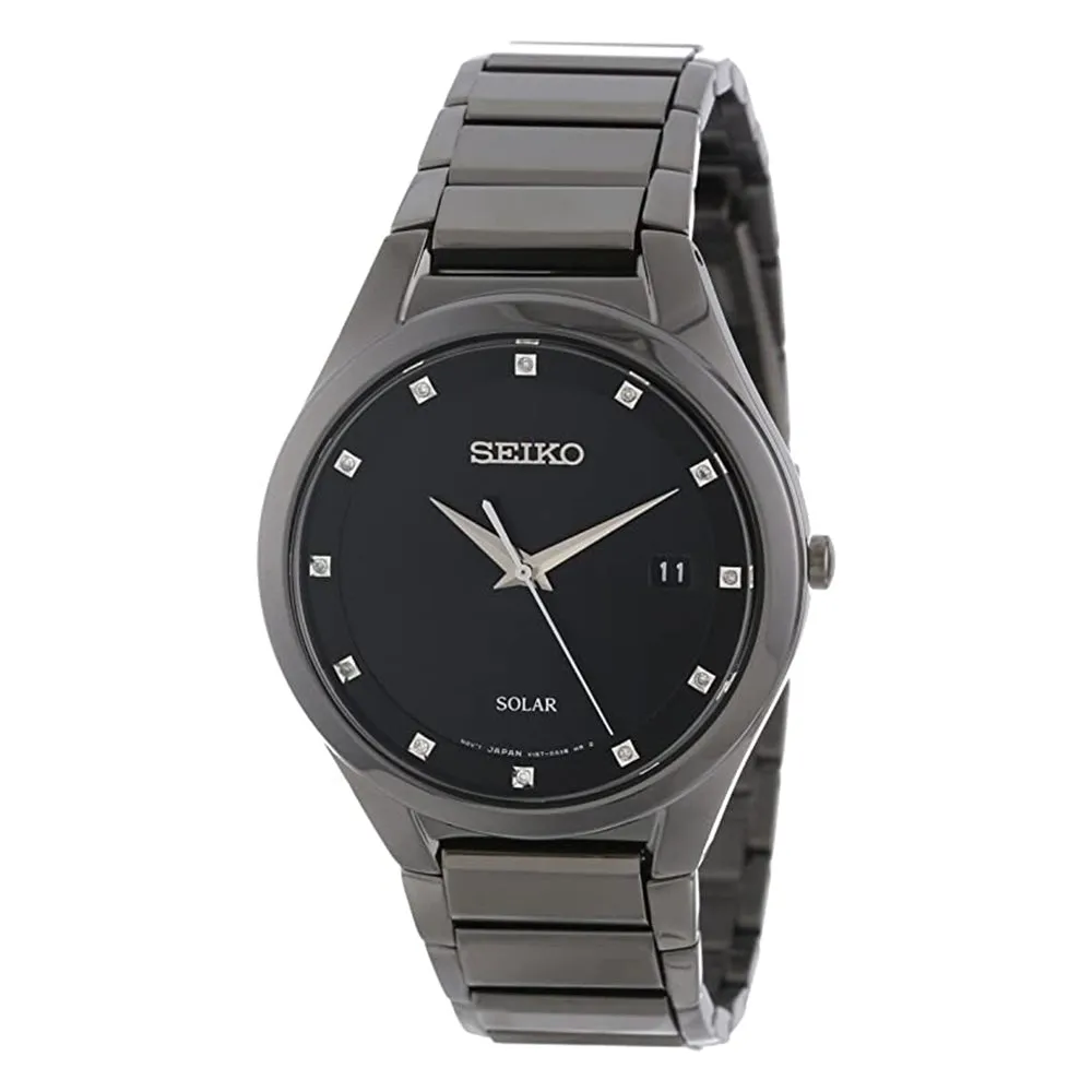Seiko Mens Solar Black Dial Band Stainless Steel Dress Watch - SNE243