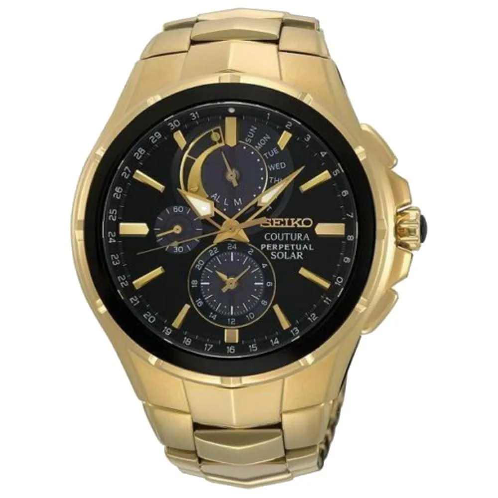 Seiko Solar Coutura Mens Yellow-Gold PVD Steel Bracelet Band Black Quartz Dial Watch - SSC700