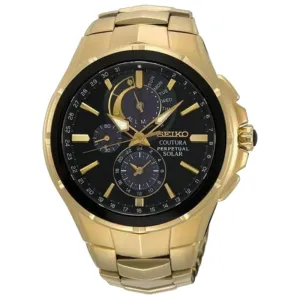 Seiko Solar Coutura Mens Yellow-Gold PVD Steel Bracelet Band Black Quartz Dial Watch - SSC700