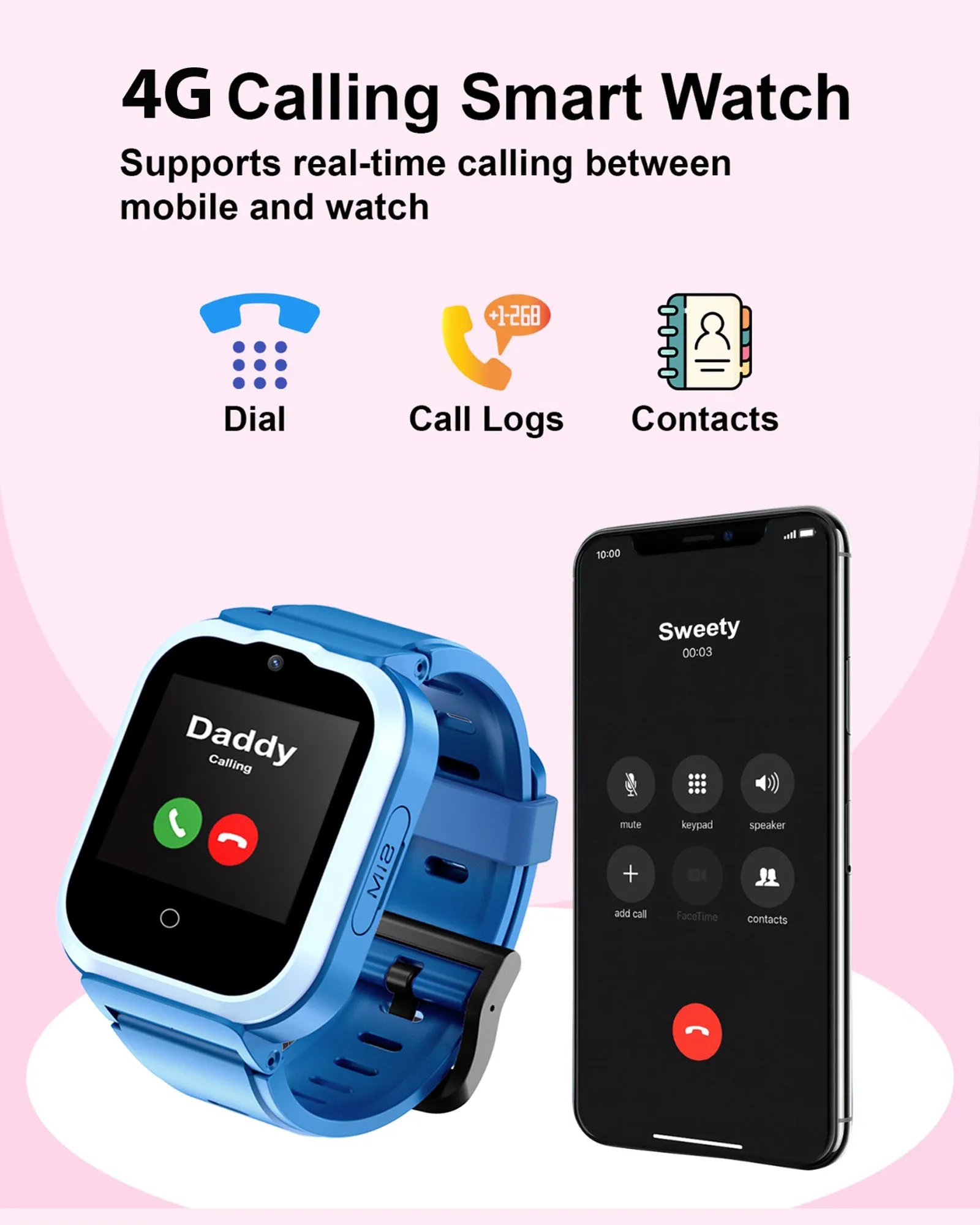 Spiky Cyclops 4g Video & Voice Calling Dewatering Waterproof Kids Smartwatch Printed strap - Blue