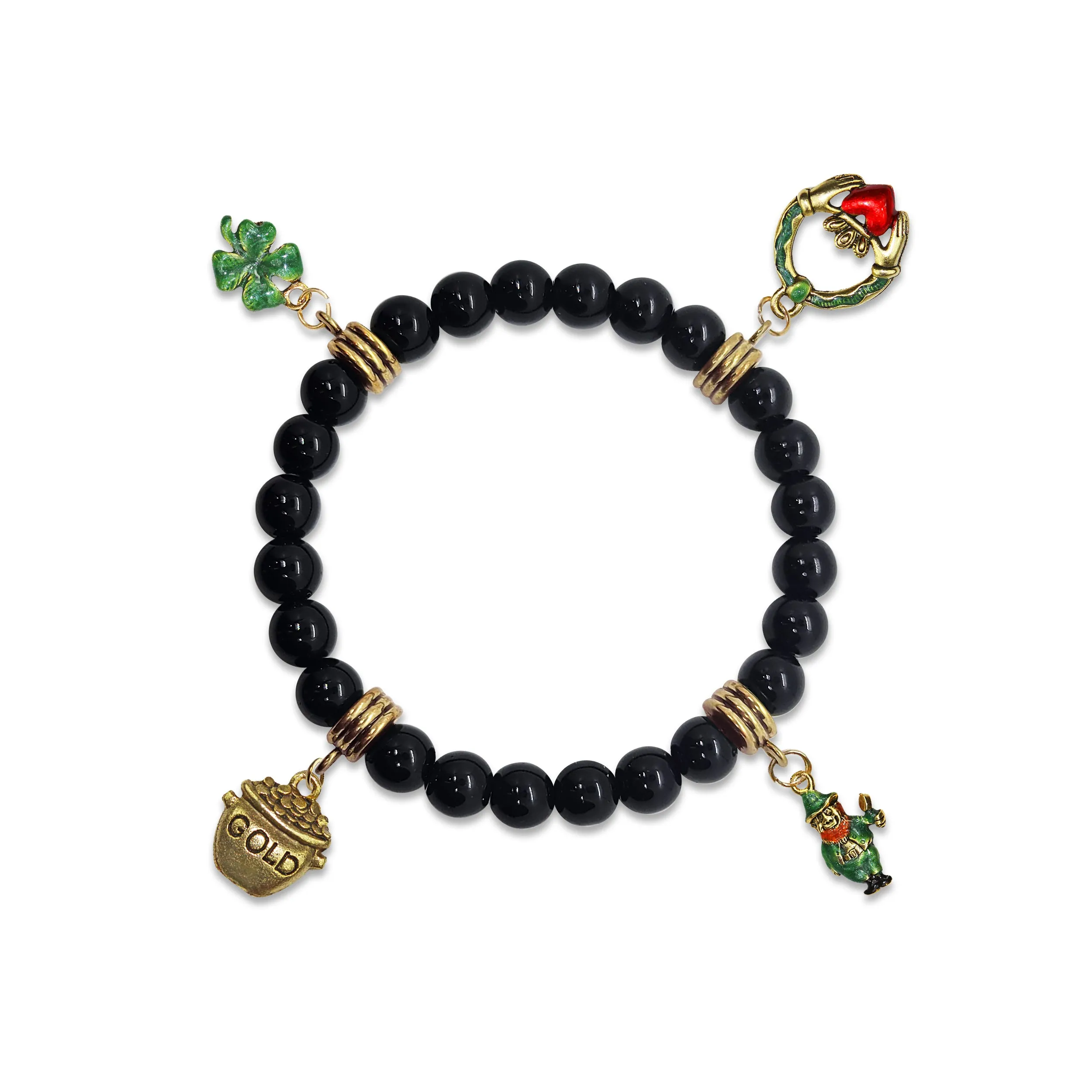 St. Patrick's Day Genuine Onyx Charm Bracelet | Handmade in USA | 4 Hand-Painted Charms