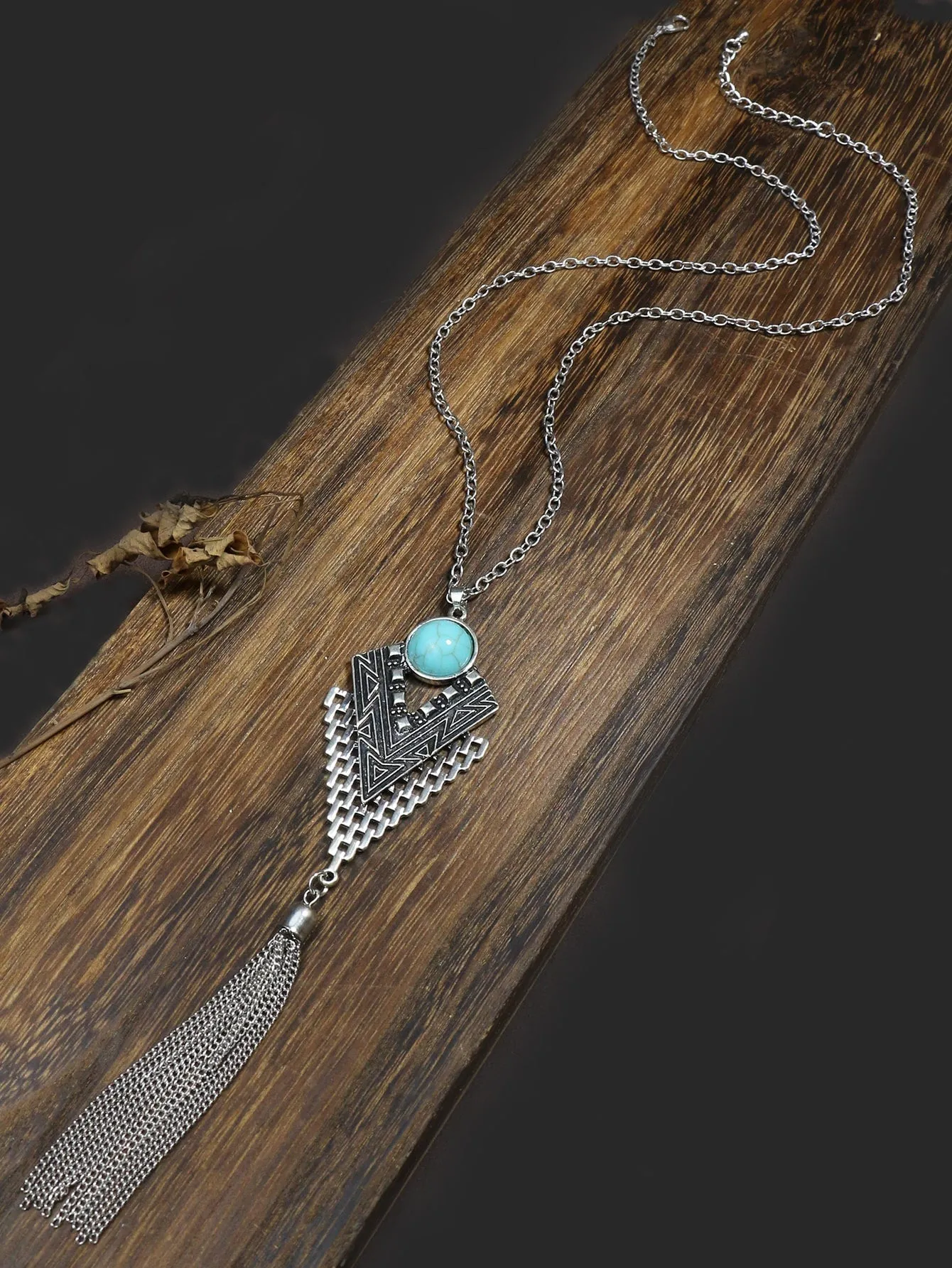 Turquoise Decor Geometric & Metal Tassel Charm Necklace for Women Jewelry for