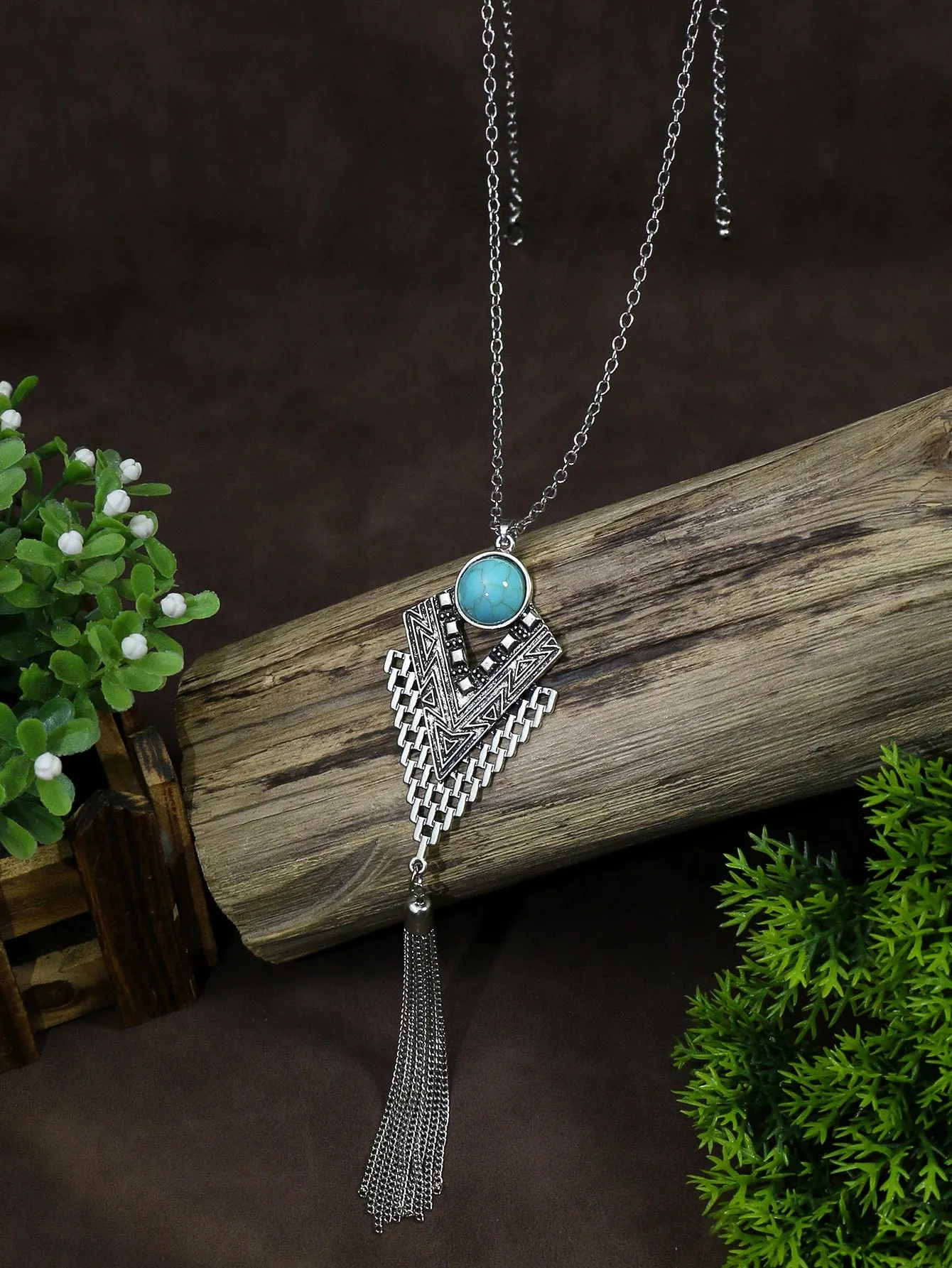 Turquoise Decor Geometric & Metal Tassel Charm Necklace for Women Jewelry for